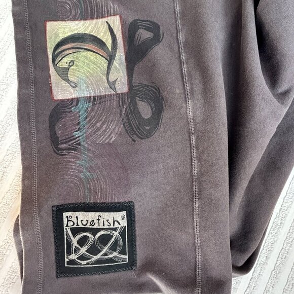 Vintage 90s Blue Fish Maxi Skirt Hand Printed Organic Cotton Dark Gray Side Slit - Picture 8 of 9